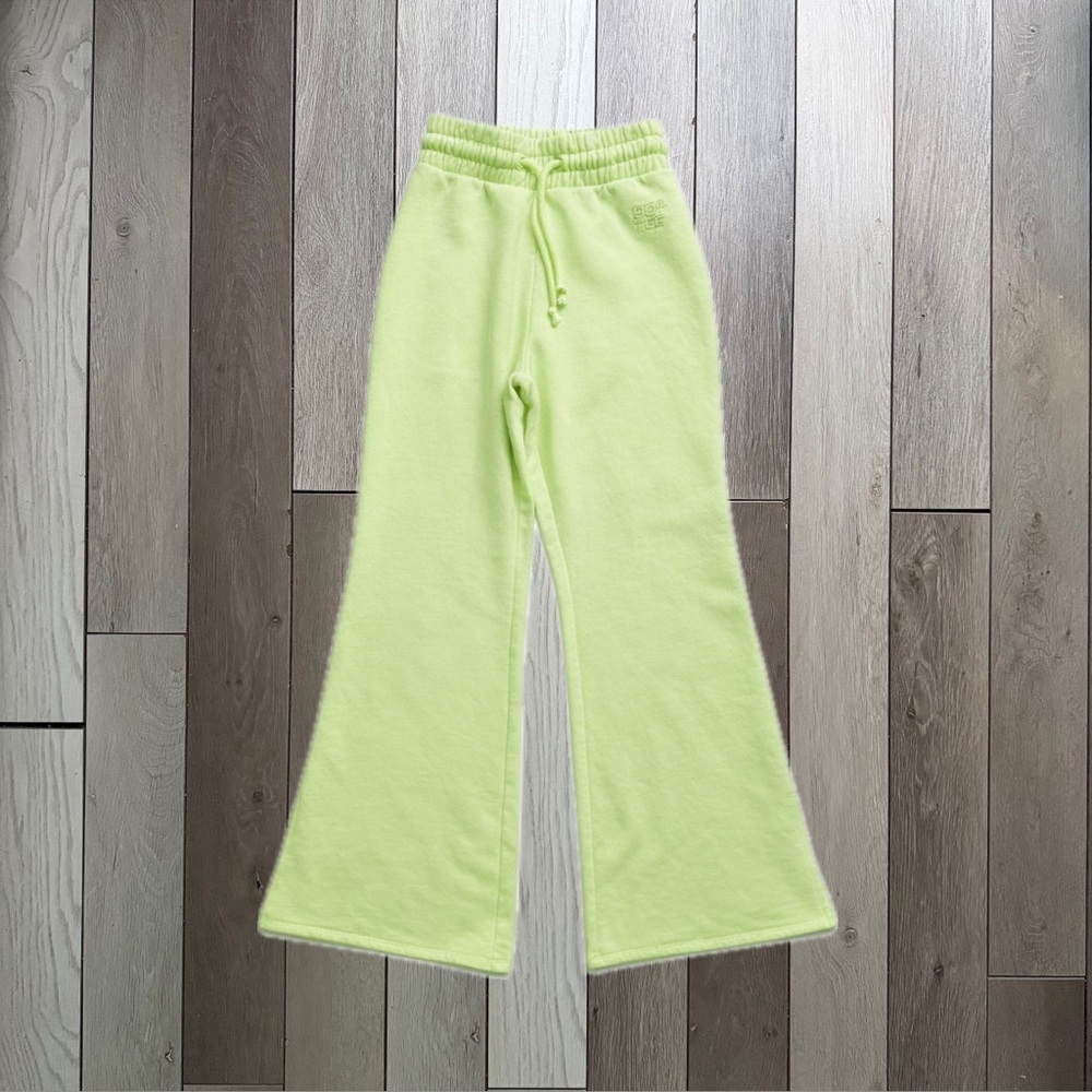 BO+TEE Neon Green Flared Sweatpants – High-Waisted Bell Bottom Style.